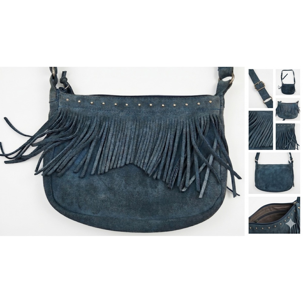 Minnetonka Fringe Crossbody Bag Womens‎ Medium Blue Good Suede Studded Boho
